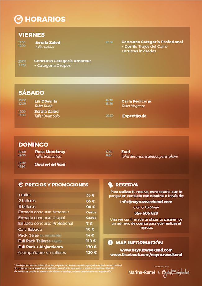 Programa del festival de danza del vientre Nayruz Weekend 2017 en Fuengirola Málaga. 